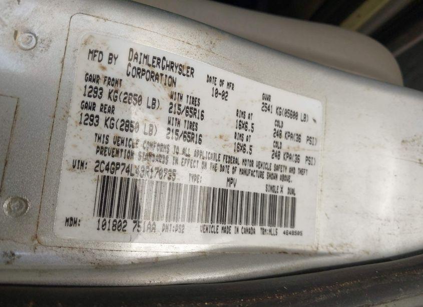 Photo 9 of 2003 Chrysler Town & COUNTRY EX (VIN 2C4GP74L43R170735)