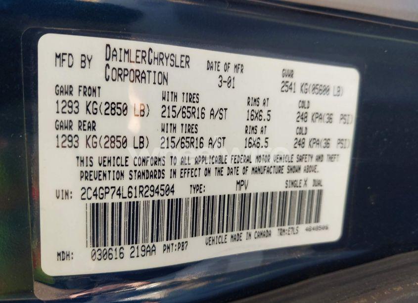 Photo 9 of 2001 Chrysler Town & COUNTRY EX (VIN 2C4GP74L61R294504)