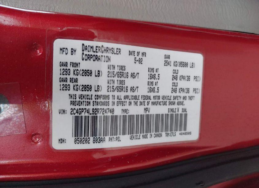 Photo 9 of 2002 Chrysler Town & COUNTRY EX (VIN 2C4GP74L92R724740)