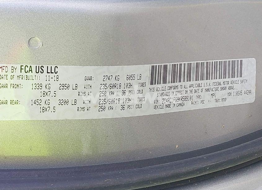 Photo 9 of 2019 Chrysler Pacifica TOURING PLUS (VIN 2C4RC1FG9KR589101)