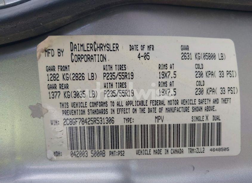 Photo 9 of 2005 Chrysler Pacifica LIMITED (VIN 2C8GF78425R531306)