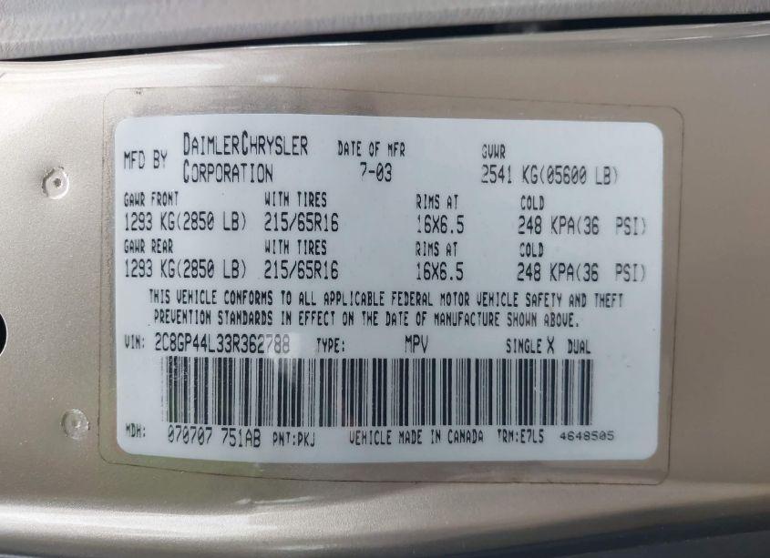 Photo 9 of 2003 Chrysler Town & COUNTRY LX (VIN 2C8GP44L33R362788)