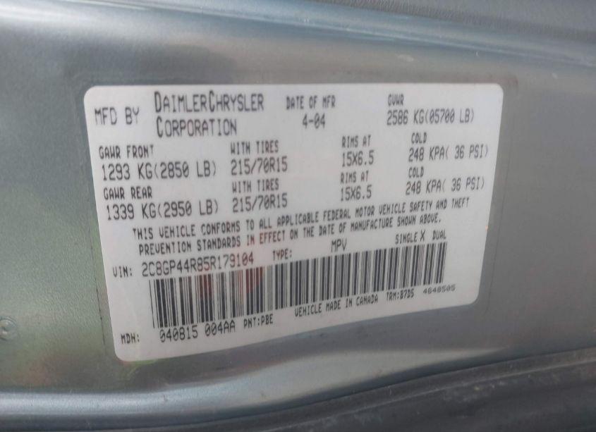 Photo 9 of 2005 Chrysler Town & COUNTRY LX (VIN 2C8GP44R85R179104)