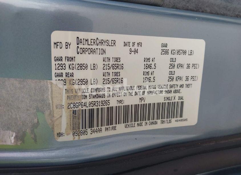 Photo 9 of 2005 Chrysler Town & COUNTRY LIMITED (VIN 2C8GP64L05R319265)