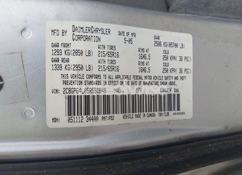 Photo 9 of 2005 Chrysler Town & COUNTRY LIMITED (VIN 2C8GP64L05R551848)