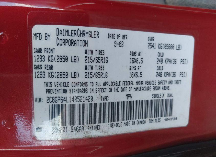 Photo 9 of 2004 Chrysler Town & COUNTRY LIMITED (VIN 2C8GP64L14R521420)