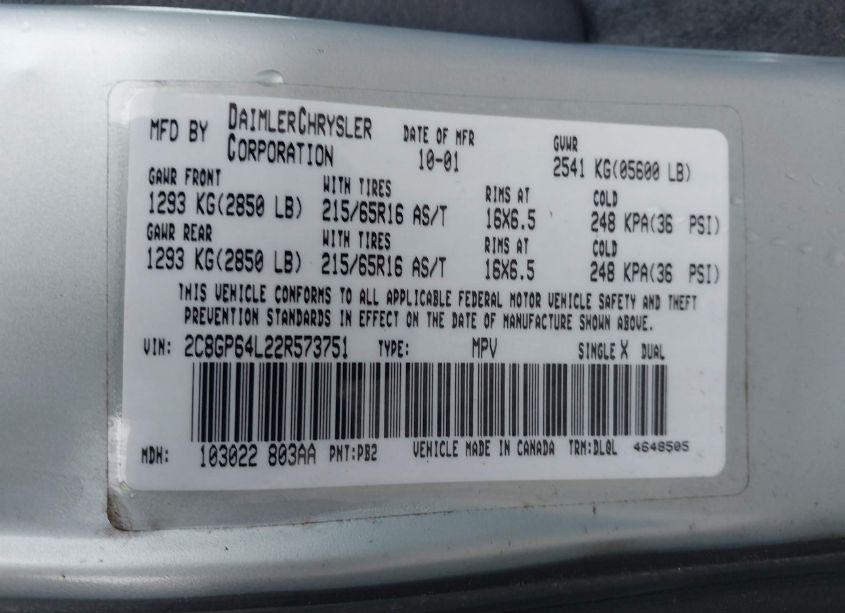 Photo 9 of 2002 Chrysler Town & COUNTRY LIMITED (VIN 2C8GP64L22R573751)