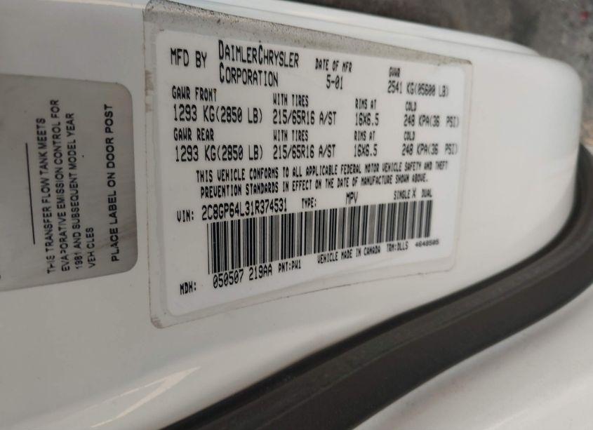 Photo 9 of 2001 Chrysler Town & COUNTRY LIMITED (VIN 2C8GP64L31R374531)