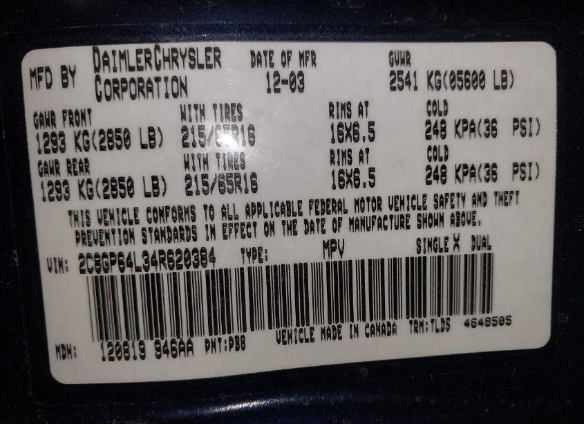 Photo 9 of 2004 Chrysler Town & COUNTRY LIMITED (VIN 2C8GP64L34R620384)