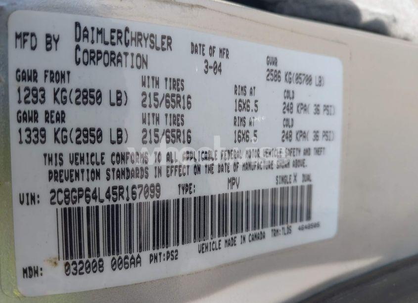 Photo 9 of 2005 Chrysler Town & COUNTRY LIMITED (VIN 2C8GP64L45R167099)