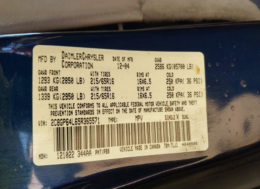 Photo 9 of 2005 Chrysler Town & COUNTRY LIMITED (VIN 2C8GP64L65R365571)