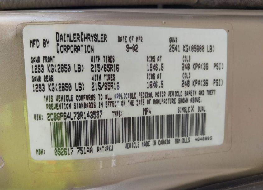 Photo 9 of 2003 Chrysler Town & COUNTRY LIMITED (VIN 2C8GP64L73R143537)