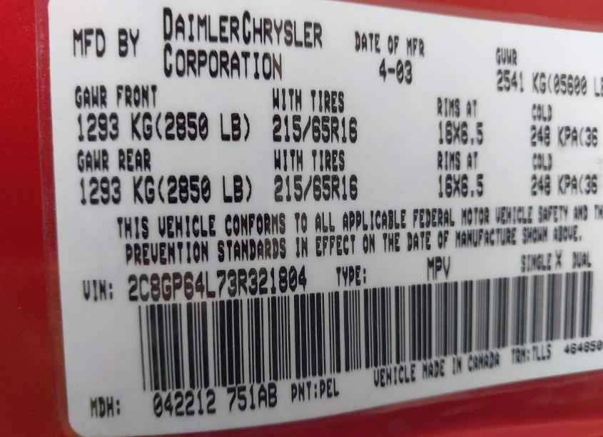 Photo 9 of 2003 Chrysler Town & COUNTRY LIMITED (VIN 2C8GP64L73R321804)