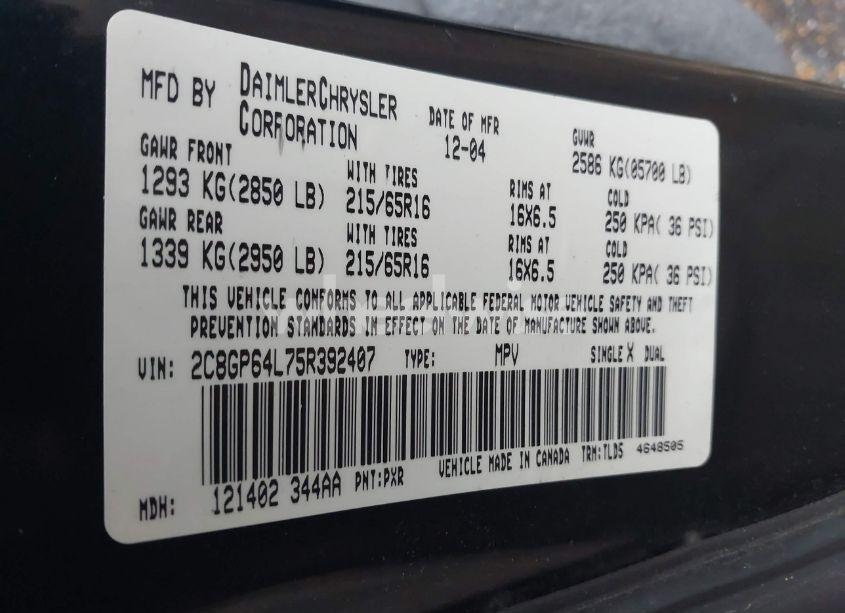 Photo 9 of 2005 Chrysler Town & COUNTRY LIMITED (VIN 2C8GP64L75R392407)