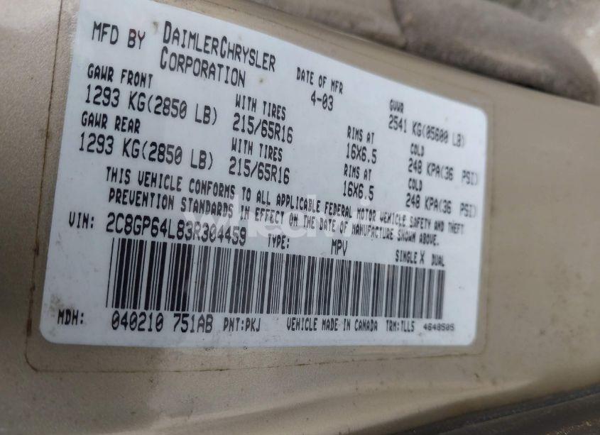 Photo 9 of 2003 Chrysler Town & COUNTRY LIMITED (VIN 2C8GP64L83R304459)