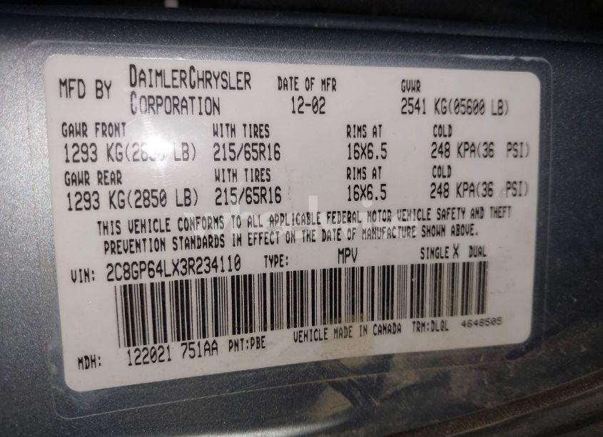 Photo 9 of 2003 Chrysler Town & COUNTRY LIMITED (VIN 2C8GP64LX3R234110)