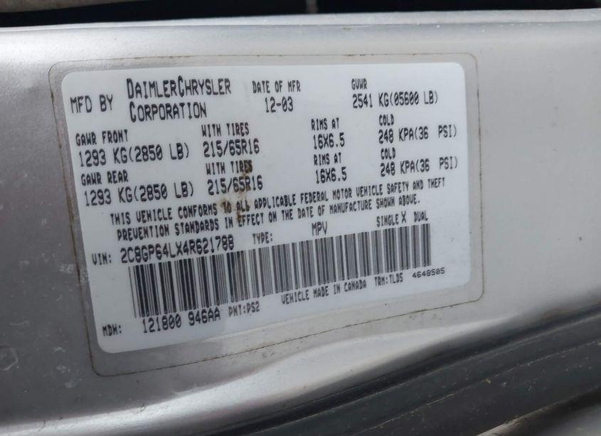 Photo 9 of 2004 Chrysler Town & COUNTRY LIMITED (VIN 2C8GP64LX4R621788)