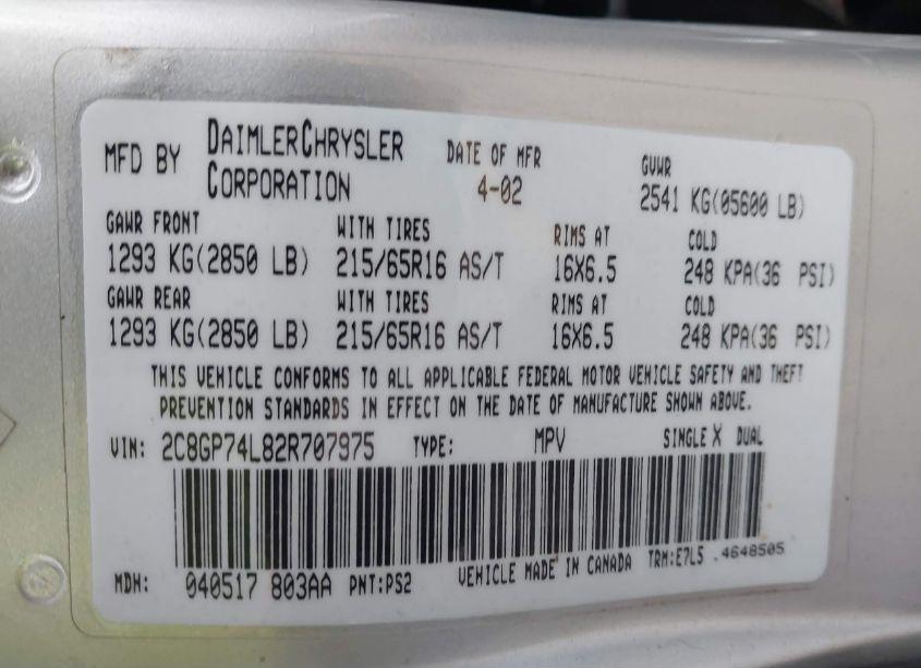 Photo 9 of 2002 Chrysler Town & COUNTRY EX (VIN 2C8GP74L82R707975)