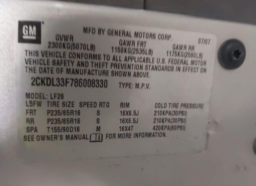 Photo 9 of 2008 Pontiac Torrent (VIN 2CKDL33F786008330)