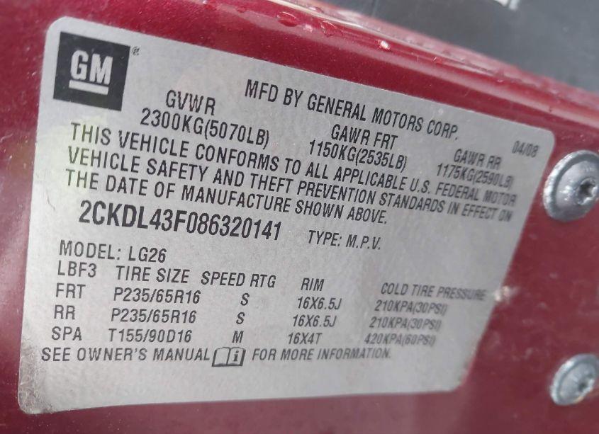 Photo 9 of 2008 Pontiac Torrent (VIN 2CKDL43F086320141)