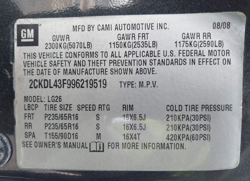 Photo 9 of 2009 Pontiac Torrent (VIN 2CKDL43F996219519)