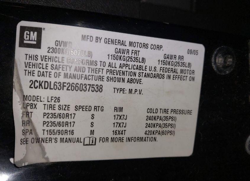 Photo 9 of 2006 Pontiac Torrent (VIN 2CKDL63F266037538)