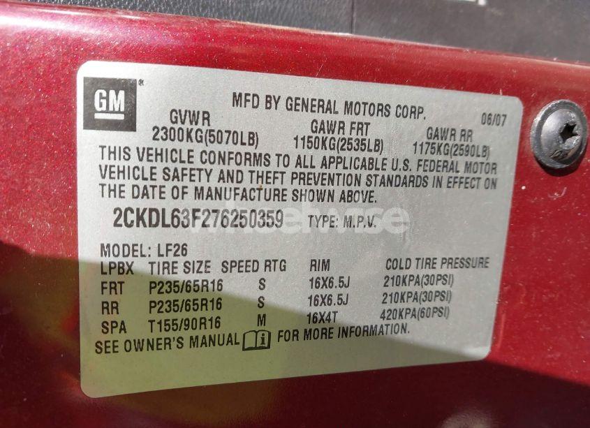 Photo 9 of 2007 Pontiac Torrent (VIN 2CKDL63F276250359)