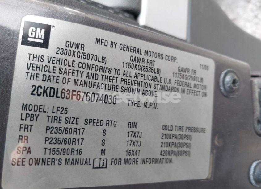 Photo 9 of 2007 Pontiac Torrent (VIN 2CKDL63F676074030)