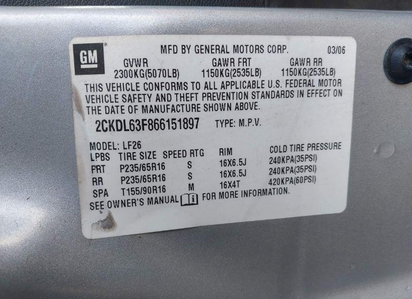 Photo 9 of 2006 Pontiac Torrent (VIN 2CKDL63F866151897)