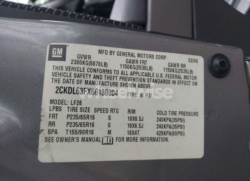 Photo 9 of 2006 Pontiac Torrent (VIN 2CKDL63FX66138004)