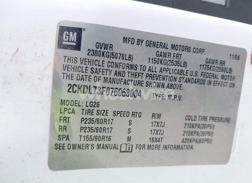 Photo 9 of 2007 Pontiac Torrent (VIN 2CKDL73F076068004)