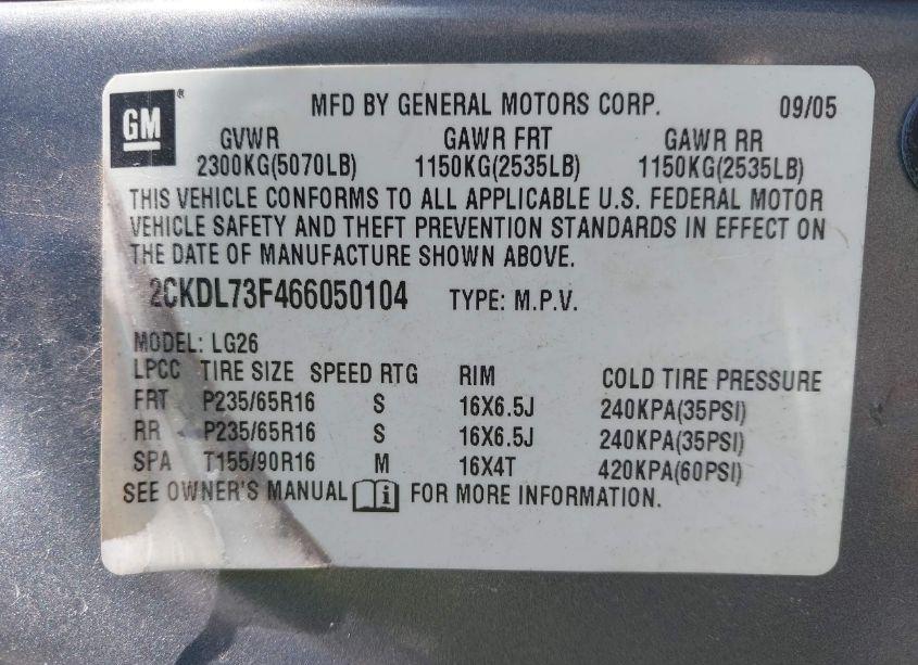 Photo 9 of 2006 Pontiac Torrent (VIN 2CKDL73F466050104)