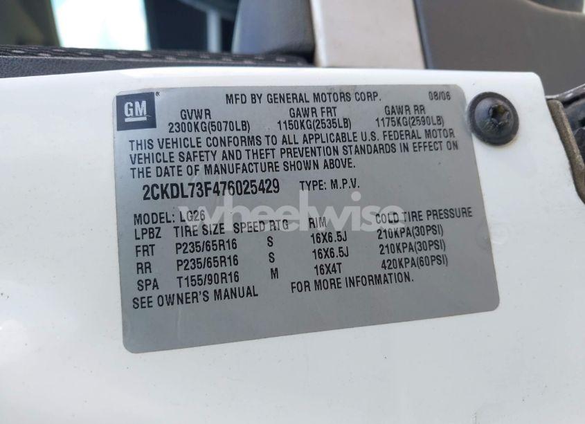 Photo 9 of 2007 Pontiac Torrent (VIN 2CKDL73F476025429)