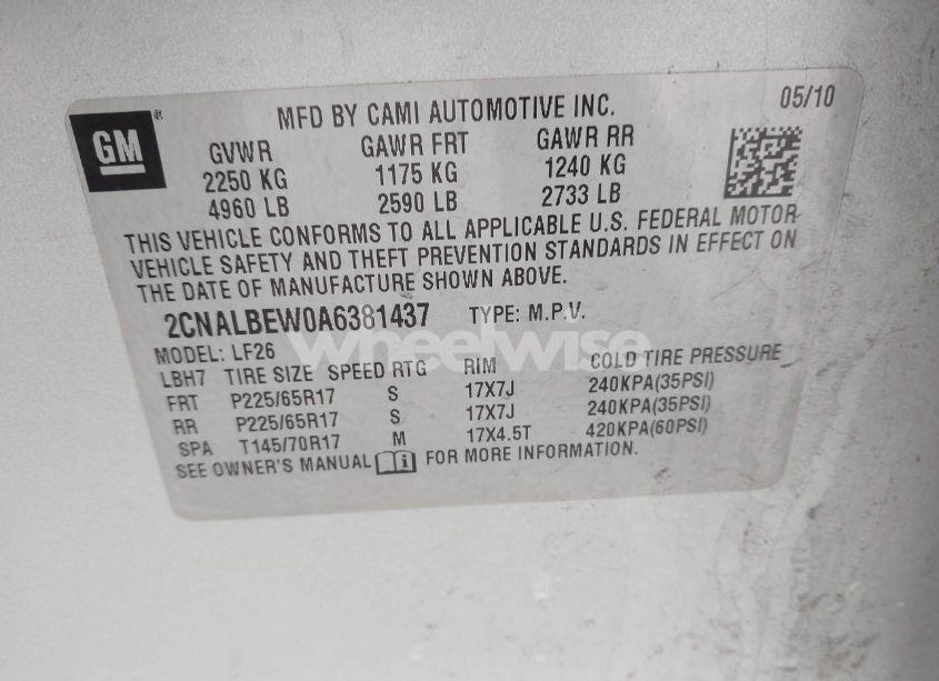 Photo 9 of 2010 Chevrolet Equinox LS (VIN 2CNALBEW0A6381437)