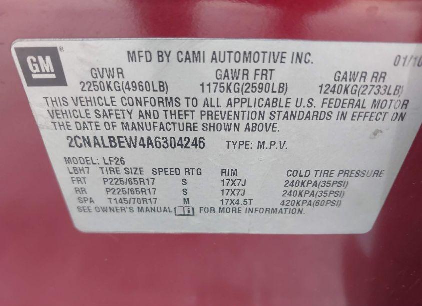 Photo 9 of 2010 Chevrolet Equinox LS (VIN 2CNALBEW4A6304246)