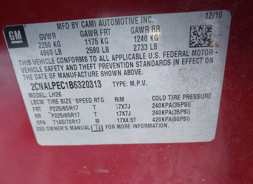 Photo 9 of 2011 Chevrolet Equinox 2LT (VIN 2CNALPEC1B6320313)