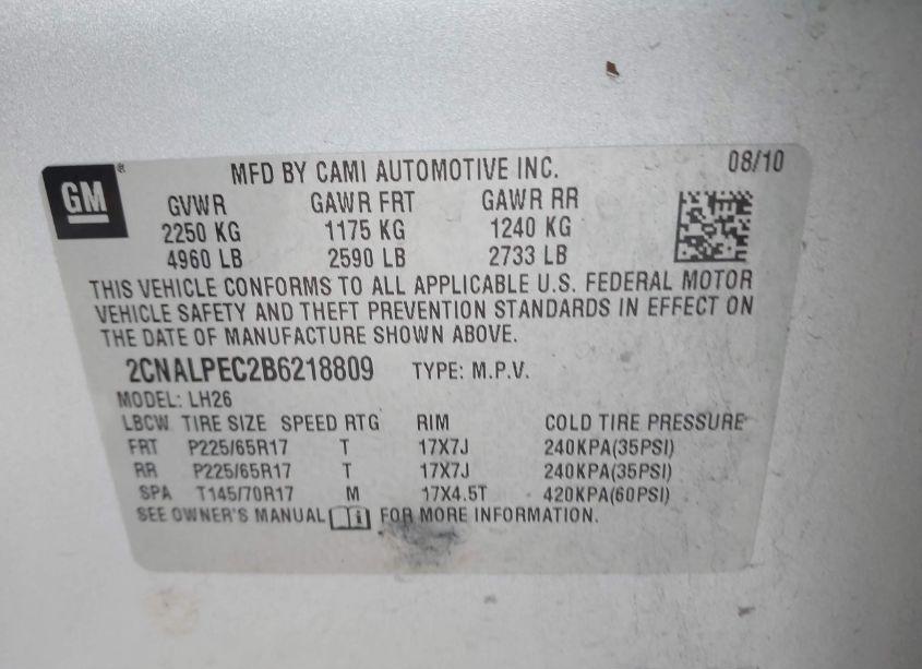 Photo 9 of 2011 Chevrolet Equinox 2LT (VIN 2CNALPEC2B6218809)