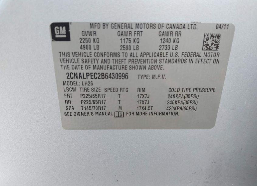 Photo 9 of 2011 Chevrolet Equinox 2LT (VIN 2CNALPEC2B6430996)