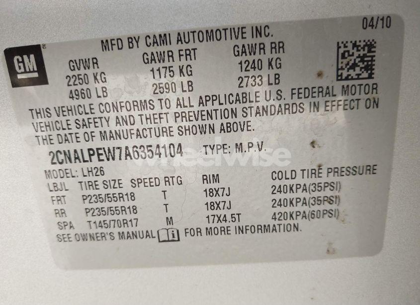 Photo 9 of 2010 Chevrolet Equinox LT (VIN 2CNALPEW7A6354104)