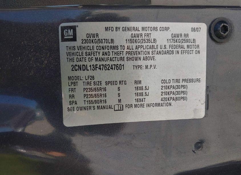 Photo 9 of 2007 Chevrolet Equinox LS (VIN 2CNDL13F476247601)