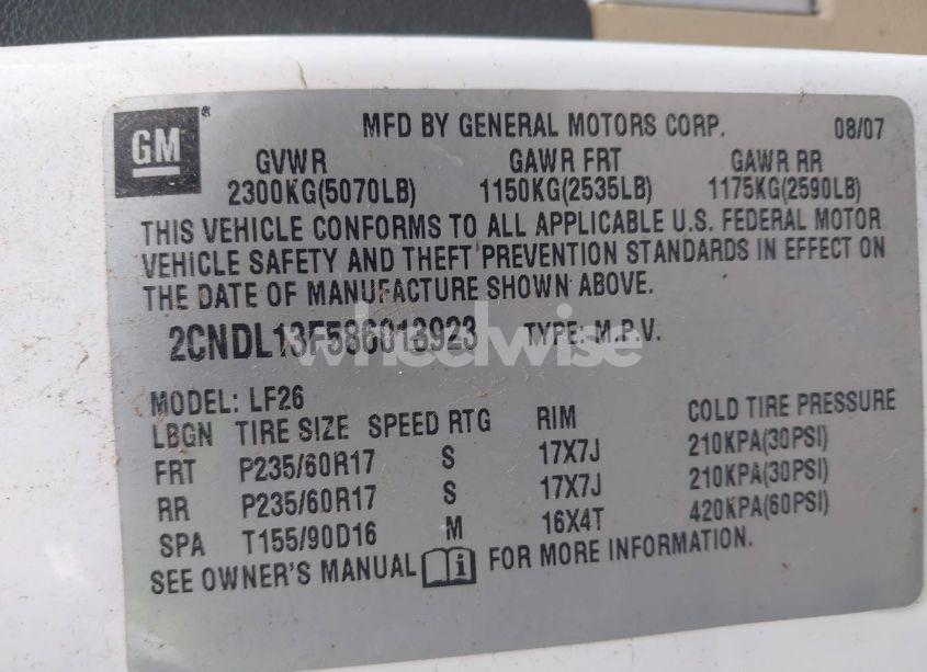 Photo 9 of 2008 Chevrolet Equinox LS (VIN 2CNDL13F586013923)