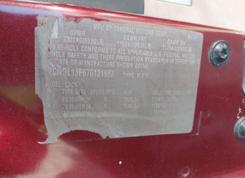 Photo 9 of 2007 Chevrolet Equinox LS (VIN 2CNDL13F676121983)