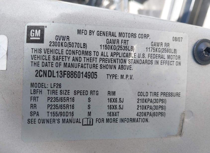 Photo 9 of 2008 Chevrolet Equinox LS (VIN 2CNDL13F886014905)