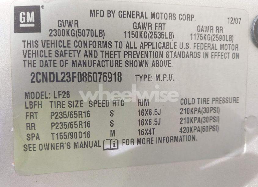 Photo 9 of 2008 Chevrolet Equinox LS (VIN 2CNDL23F086076918)