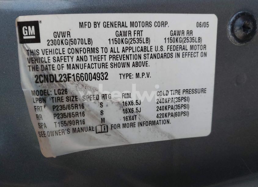 Photo 9 of 2006 Chevrolet Equinox LS (VIN 2CNDL23F166004932)