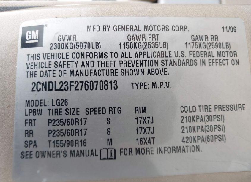 Photo 9 of 2007 Chevrolet Equinox LS (VIN 2CNDL23F276070813)