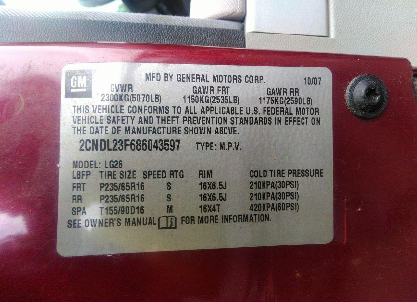 Photo 9 of 2008 Chevrolet Equinox LS (VIN 2CNDL23F686043597)