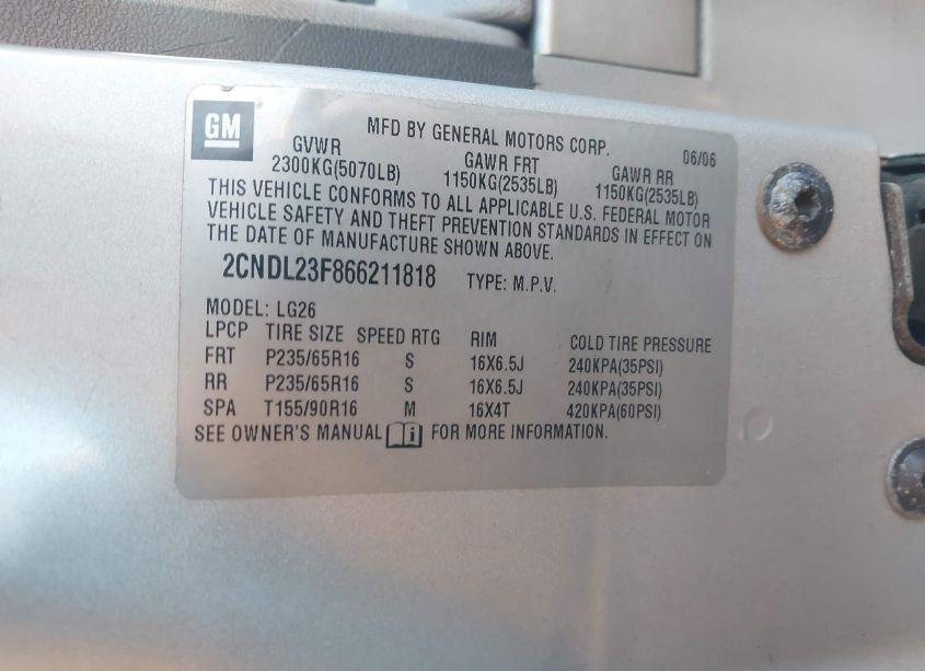 Photo 9 of 2006 Chevrolet Equinox LS (VIN 2CNDL23F866211818)