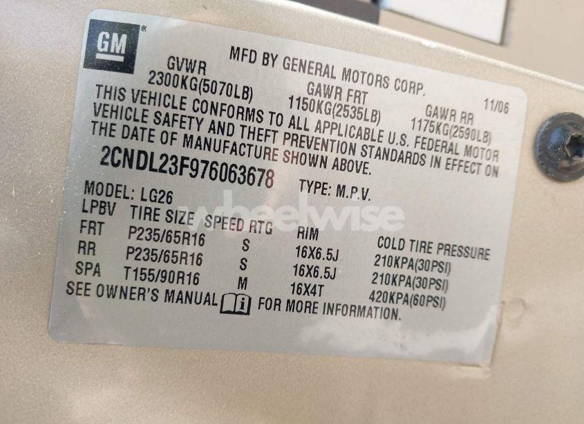 Photo 9 of 2007 Chevrolet Equinox LS (VIN 2CNDL23F976063678)