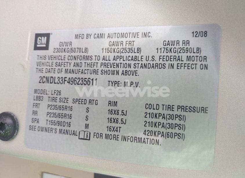 Photo 9 of 2009 Chevrolet Equinox LT (VIN 2CNDL33F496235611)